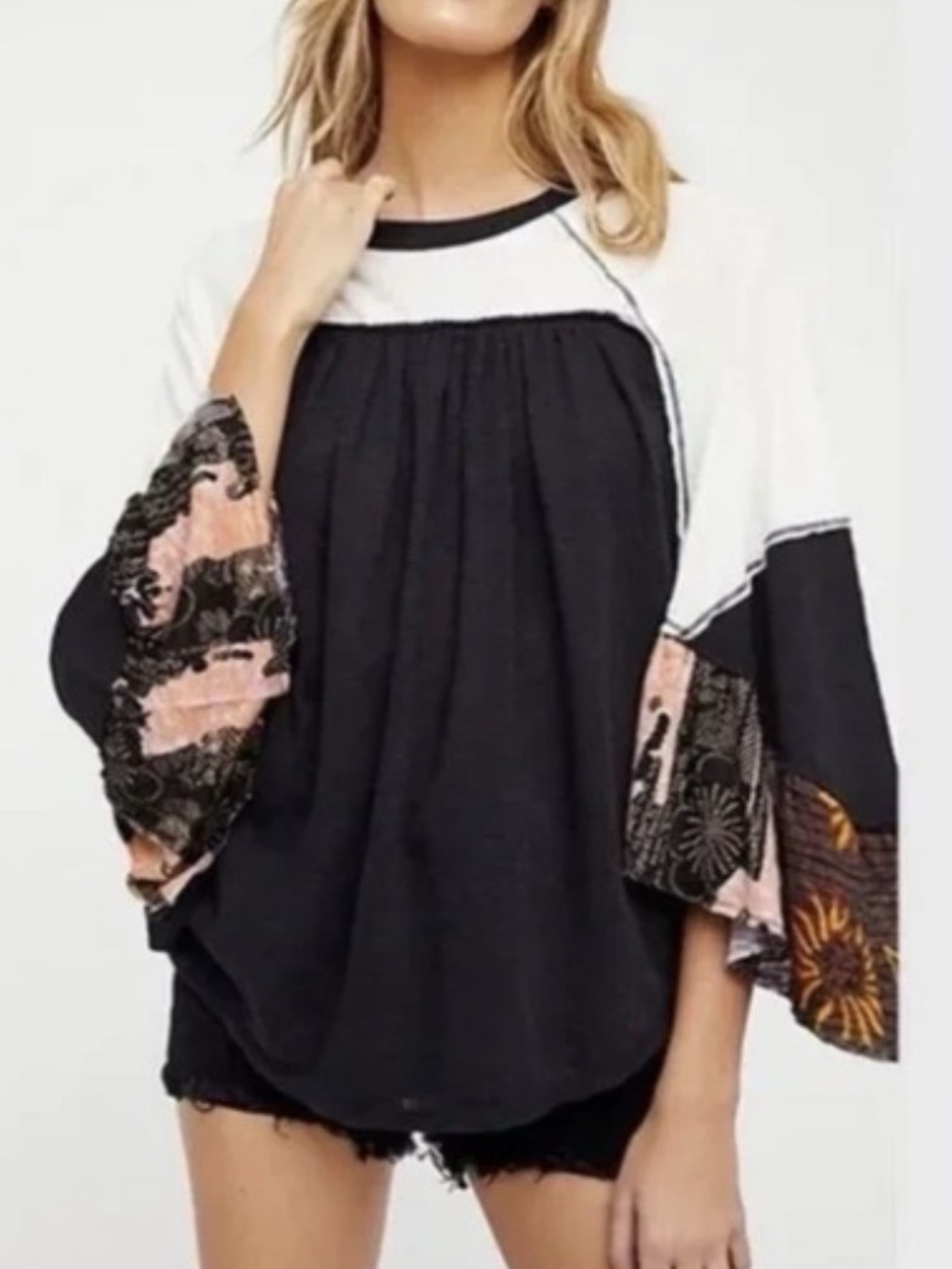 Free People Womans Friday Fever Boho Patchwork Bell Sleeve Top size S